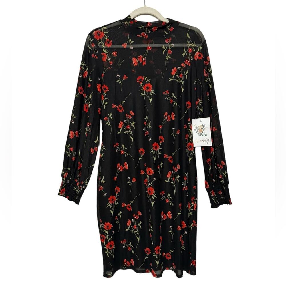Siren Lily NWT Black stretch Mesh Red Floral Sheath Pencil Dress Womens Large